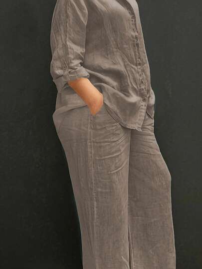 Thin Polo Collar Casual Cardigan, Versatile Solid Color Elegant Blouse Top Suitable For Beach, Daily, Commuting, Work, Shopping, Soft & Comfortable Fabric, Elastic Waist Loose Pants, 2-Piece Set, Spring/Summer/Autumn