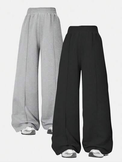 Conjunto de 2 peças de calças casuais soltas, de malha reta, de cor sólida, estilo urbano para meninas