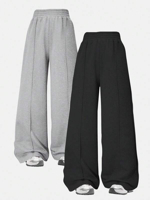 2pcs/Set Casual Loose Straight Leg Knit Solid Color Pants, Street Style For Girls