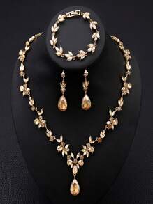 A Set Of 4 Pieces/Pieces Of Fashionable And Elegant Alloy Rhinestone Glass Necklace, Earrings And Bracelet Jewelry, Suitable For Women's Weddings, Banquets, Balls And Parties