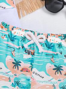 3 件套时尚男婴树叶和汽车印花衬衫、印花短裤和帽子套装，夏季 - 淺藍色 - 查看 6