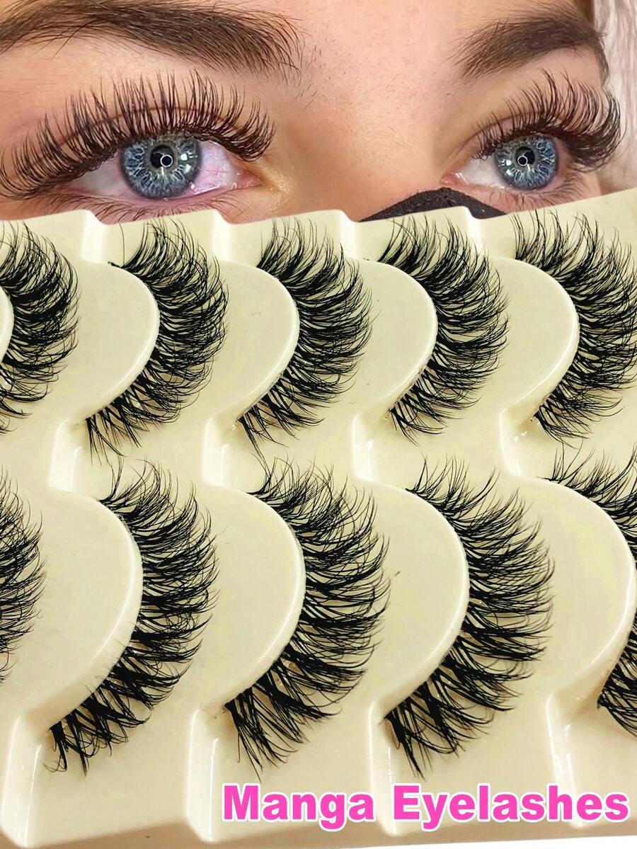 Asiteo 5 Pairs Cat Eye False Eyelashes, Natural 3D Faux Mink Soft Anime False Lashes, Cosplay Thick False Eyelashes, Transparent Lash Band - 眼尾拉長款 - 查看 1
