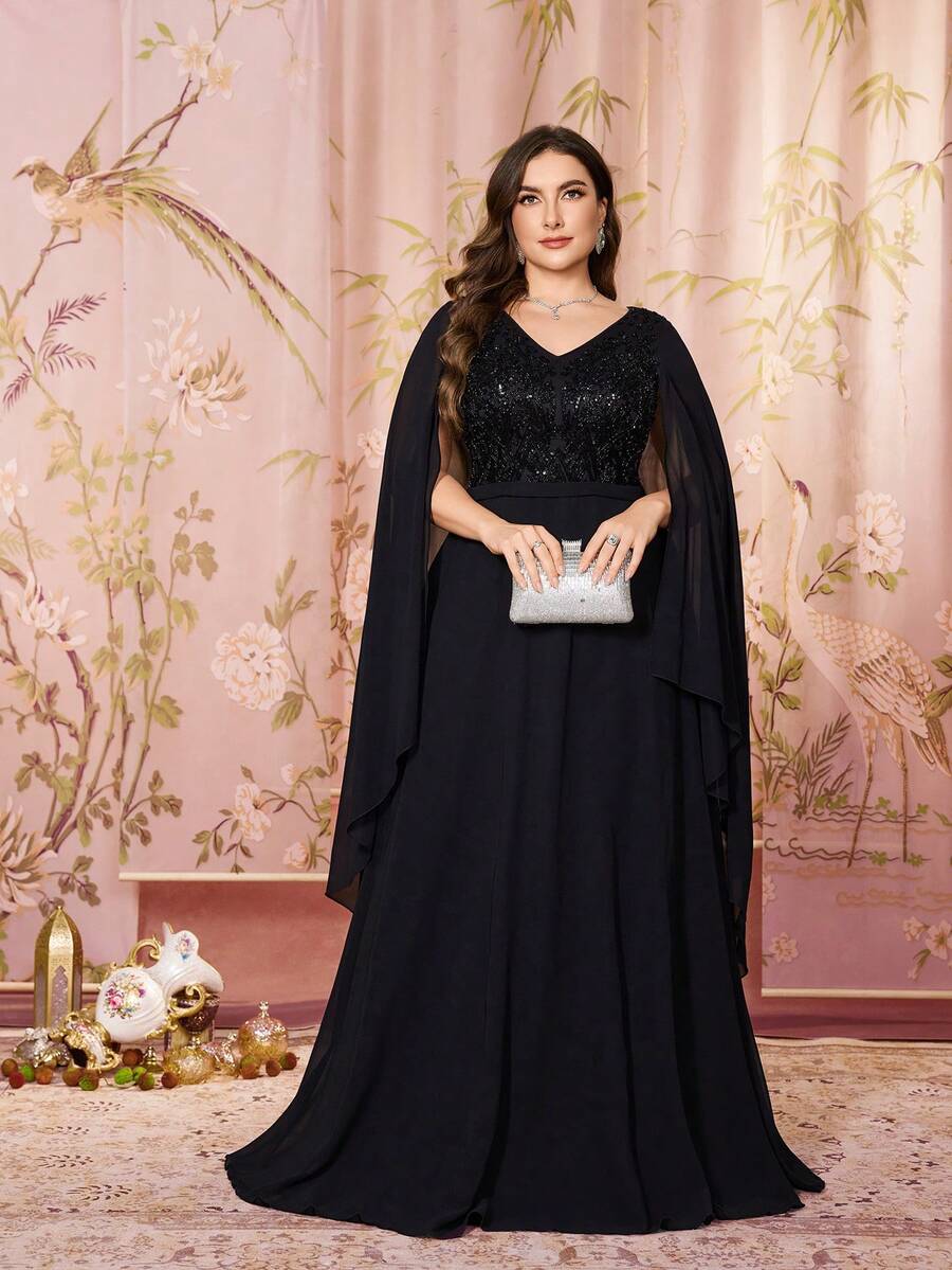 SUPGIR Plus Women's V-Neck Sequin Patchwork Floating Piece Sleeve Slim-Fitting Chiffon Elegant Evening Dress