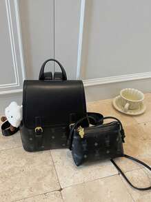 女士 PU 皮革兔子印花翻盖背包 + 单肩包套装（含毛绒钥匙扣），时尚实用的通勤包