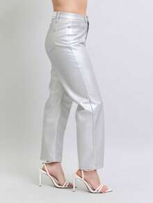 Womens Casual Straight Leg Pants Fashion Metallic Faux Leather High Waisted Trousers Glamorous Statement Bottom Wear Shiny Pearl White Perfect For Party Club Night Out Dancing Evening Wear Modern Street Style Fashion - 金屬銀 - 查看 5