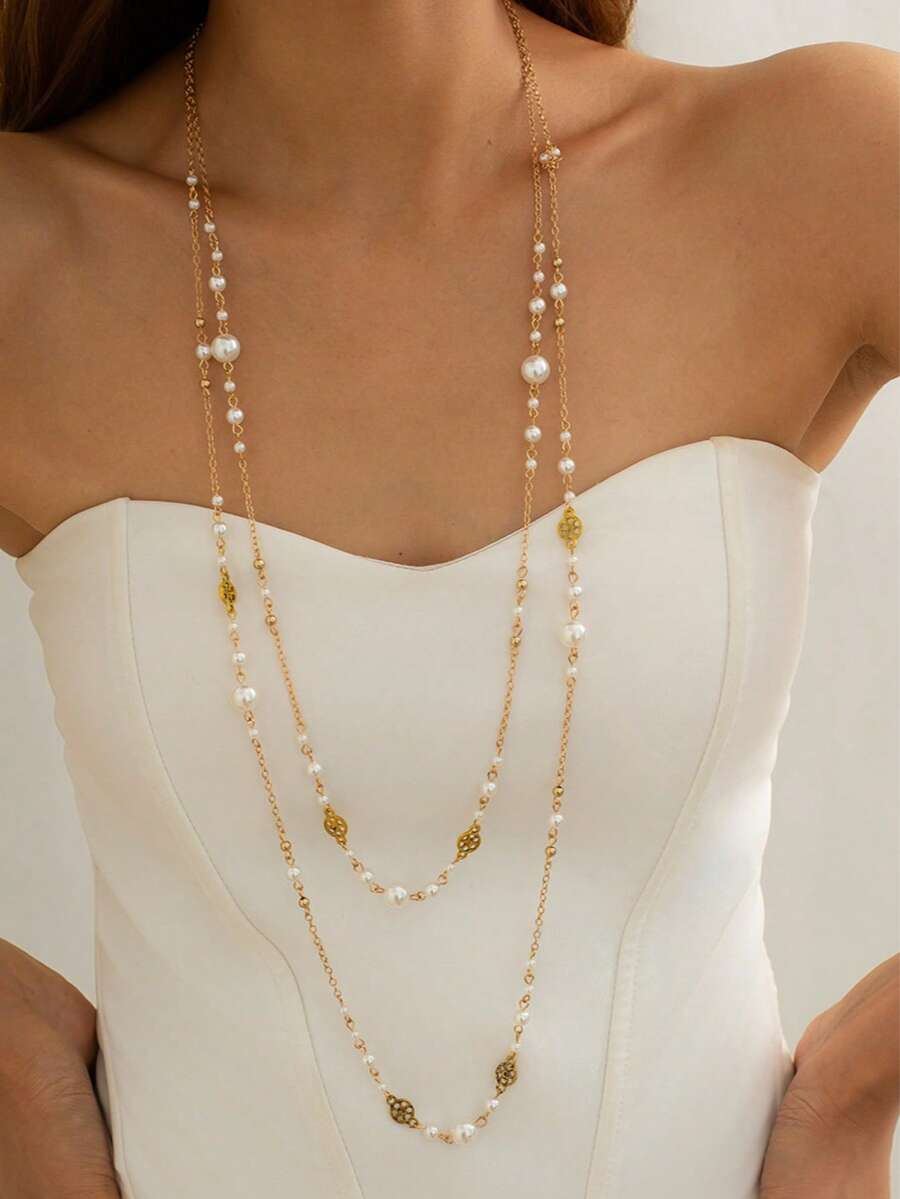 2 件优雅仿珍珠流苏吊坠长项链，时尚金属金色项链，适合女士，适合派对、聚会、郊游、正式场合 - 金色 - 查看 1