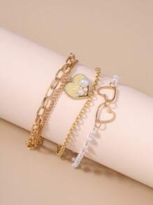 3 件套创意镂空心形仿珍珠多层手链配饰，适合女士日常佩戴