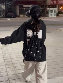 Back To School Letter Print Drawstring Black Student Backpack, Casual Lightweight Backpack For Female Students - Black - View 5