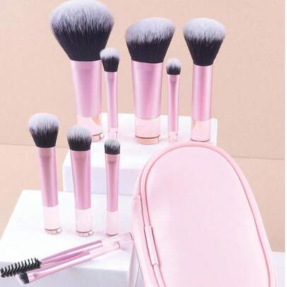 10支化妆刷套装 + 3个海绵粉扑 – 旅行便携套装，包含散粉刷、修容刷、腮红刷、眼影刷、眉刷、眼线刷、睫毛梳和遮瑕刷。