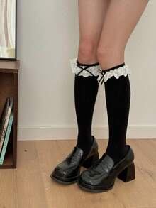 1 Đôi tất cao đến đùi viền ren cho nữ, tất dài phong cách Lolita, tất ngắn dễ thương để mặc hàng ngày, mùa thu - Nhiều màu - Xem 6