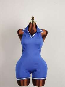 女士夏季街头风无袖V领露背连体裤 - 藍色 - 查看 2