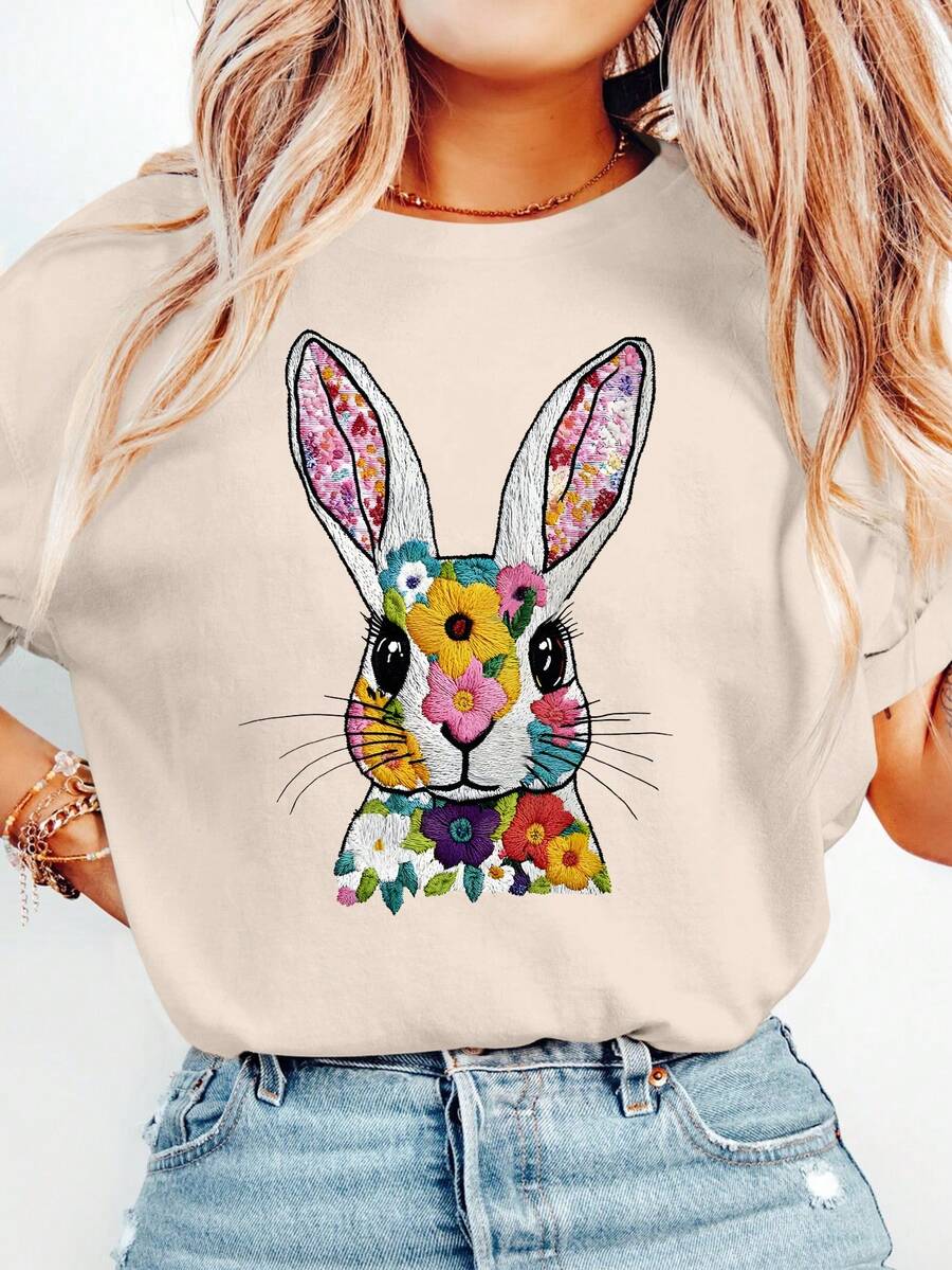 Women's Short-Sleeved T-Shirt, Humanoid Embroidered Bunny T-Shirt, Easter T-Shirt - 杏色 - 查看 1