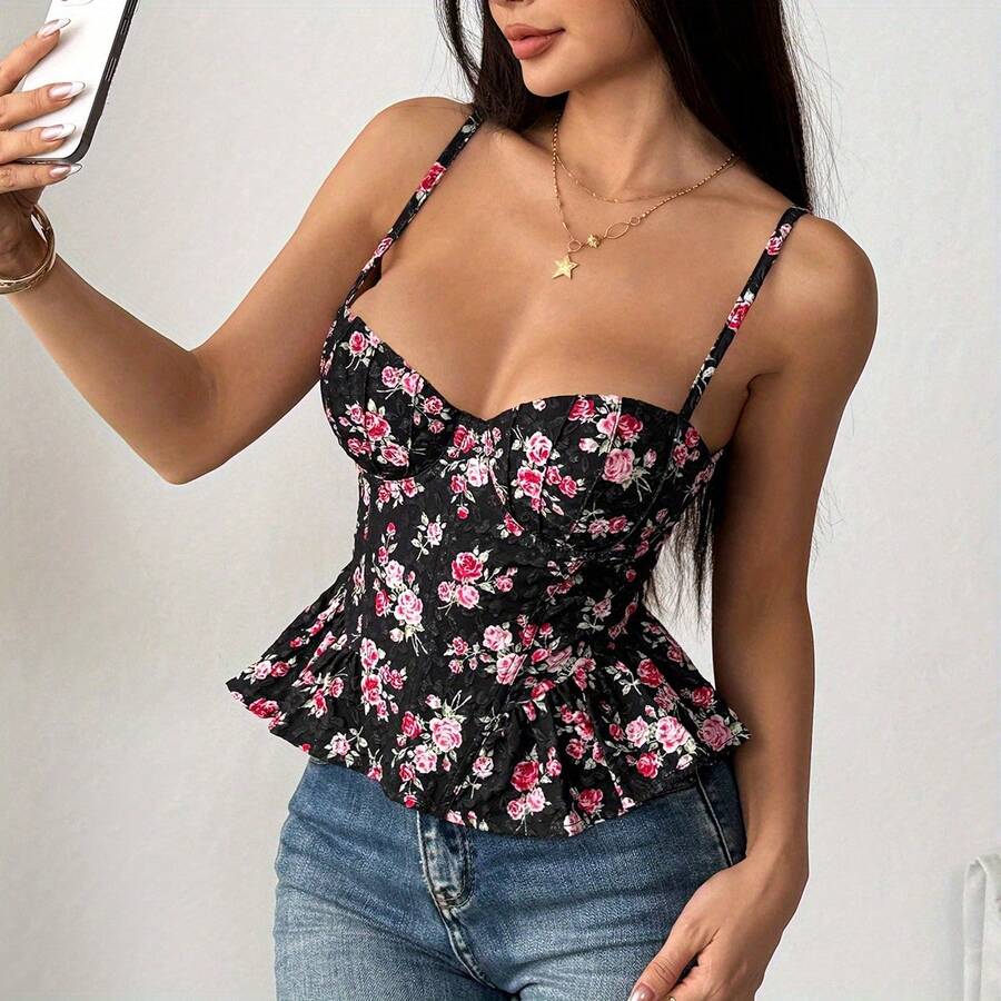 Women'S Floral Lace-Up Chest Wrap - Sexy Backless Ruffle Trim, Lightweight &, Pink Floral Design, Perfect For Spring And Summer, Spring Fashion Accessory | Floral Laceup Design | Ruffle Trim Detail - Black- - View 1