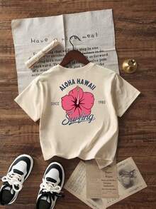 女童休闲杏色印花圆领短袖 T 恤，青少年和学生夏季上衣