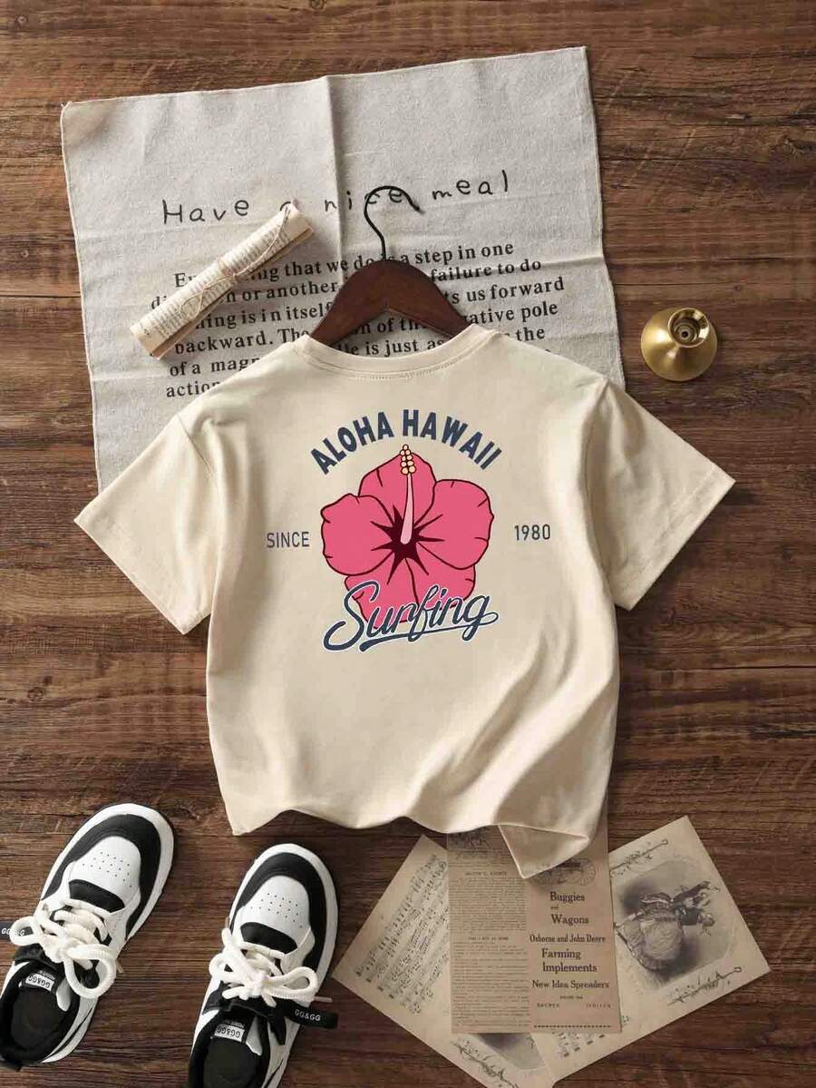 女童休闲杏色印花圆领短袖 T 恤，青少年和学生夏季上衣