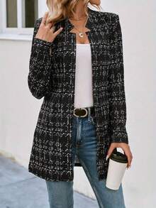 Women's Open Front Tweed Longline Blazer Jacket - Elegant Casual Pockets Daily Wear - Black - View 1