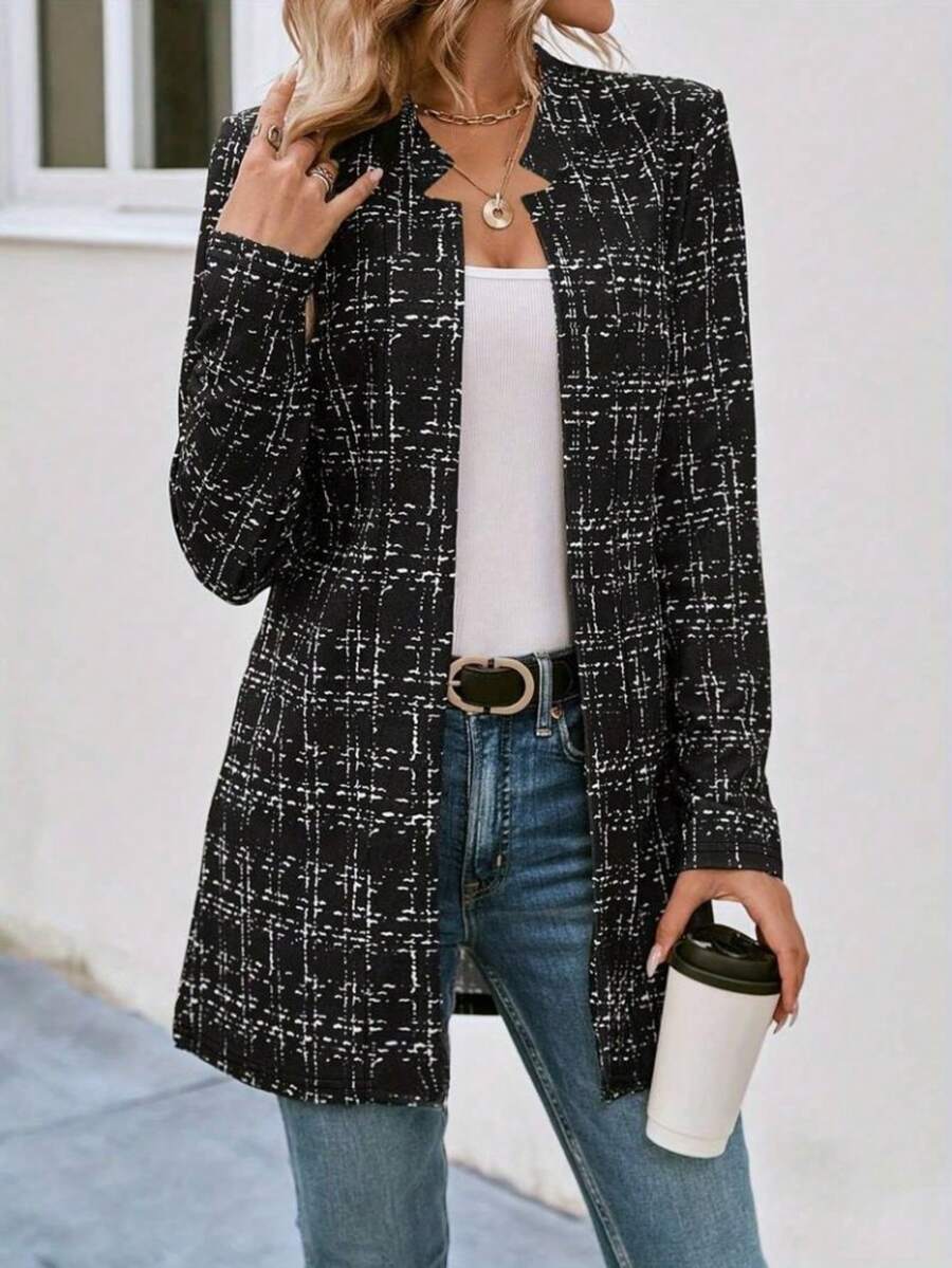 Women's Open Front Tweed Longline Blazer Jacket - Elegant Casual Pockets Daily Wear - Black - View 1