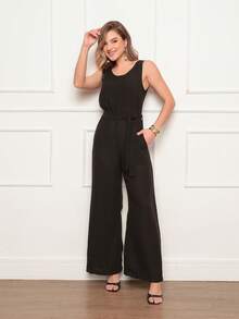 Women's Sleeveless Long Jumpsuit With High Waist Tie Belt And Side Pockets – Elegant And Comfortable - 黑色 - 查看 1