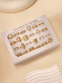 6/16/12/24件不锈钢金色几何图案混合优质戒指套装，款式随机发货，尺寸可调，适合女性日常装饰或送礼 - 金黃色 - 查看 2