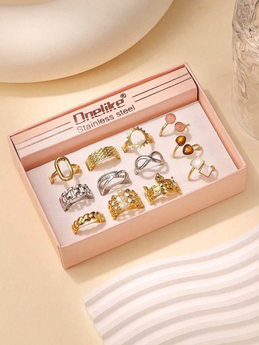 12pcs/Set Stainless Steel Gold Color Fashionable Adjustable Rings With Pink Gift Box, Suitable For Women Everyday Accessories Or Gifts - Yellow Gold - View 1