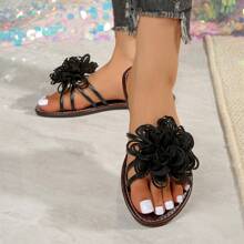 女式平底凉鞋雏菊度假 PU 皮革交叉荷叶边装饰轻便舒适夏季沙滩鞋