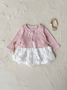 2pcs Baby Girls Sweet Headband Knit Cardigan & Rose Pattern Print Dress Set, Spring Autumn - Coral Pink - View 8