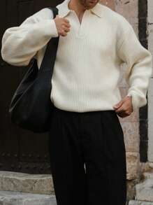 OFFICEAU Men's Ribbed Knit Sweater, Casual Loose Pullover Polo Neck Knitwear Top, Autumn/Winter, Old Money - Apricot - View 5