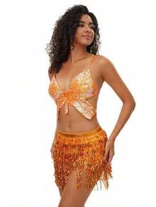 2pcs Set Glitter Fringe Strap Dress For Belly Dancing, Latin Dance, Stage Performance, Competition - 彩色 - 查看 10