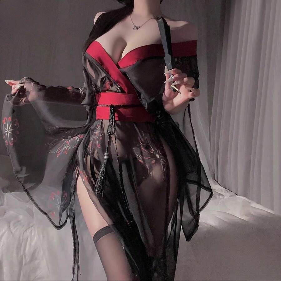 Graceful Retro Sexy Lightweight Mesh Nightdress Phantom Niche Print Kimono Women's Set - màu đen - Xem 1