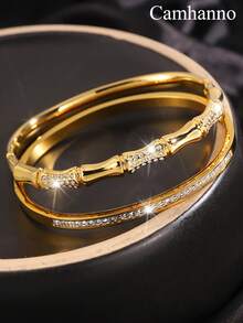 Camhanno 2pcs Of Simple And Fashionable, Elegant And Charming Stainless Steel Zirconia Different Shapes And Styles Bracelet Combination, Add Points To Your Beauty, Suitable For Daily Wear To Send Lovers/Best Friend - Yellow Gold - View 10