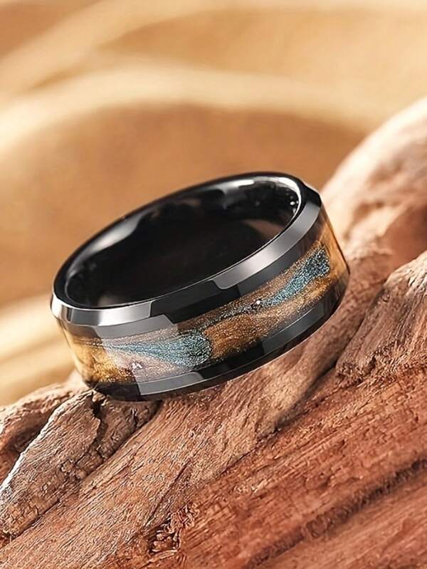 Elegant Black Stainless Steel Ring With Blue And Gold Sparkles - Perfect For Anniversaries, Engagements, And Weddings, Versatile For Men And Women, All-Season Design, Versatile Ring | Elegant Ring Design | Durable Wedding Band, Wedding Rings