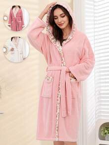 1件女士粉色樱花图案睡袍，绒面法兰绒材质，带口袋，柔软保暖舒适，配有腰带，拼接和服领，可爱卡哇伊冬季酒店水疗睡衣 - 彩色 - 查看 3