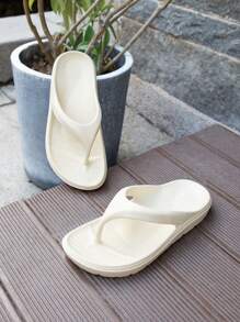 男女款休闲纯色柔软舒适人字拖，适合户外、海滩、度假、四季 - 米色 - 查看 3