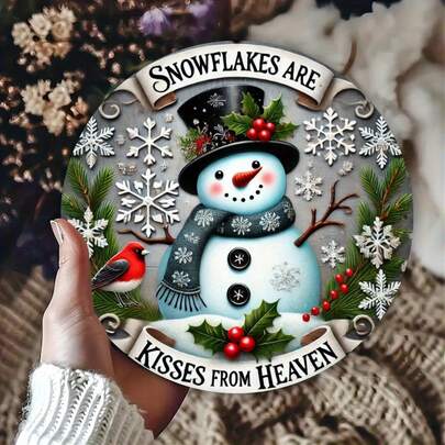 2D Flat, 1pc Vintage Wooden Snowman Wreath Wooden Sign - "Snowflakes Are Kisses From Heaven" Christmas Decor, Country Holiday Wall Art Suitable For Home, Office, Cafe, Bar, Dorm And Gift Idea Home Decor Christmas Decorations Room Decor