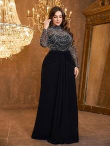 UNITHORSE Đầm dạ hội maxi dài tay cổ đứng thanh lịch dành cho nữ cỡ lớn, chất liệu chiffon lưới, đính hạt và sequin, màu đen, thích hợp cho đám cưới, tiệc mùa xuân. - màu đen - Xem 5