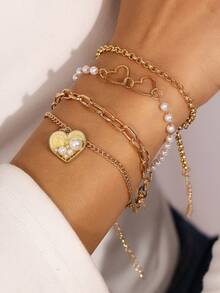 3 件套创意镂空心形仿珍珠多层手链配饰，适合女士日常佩戴