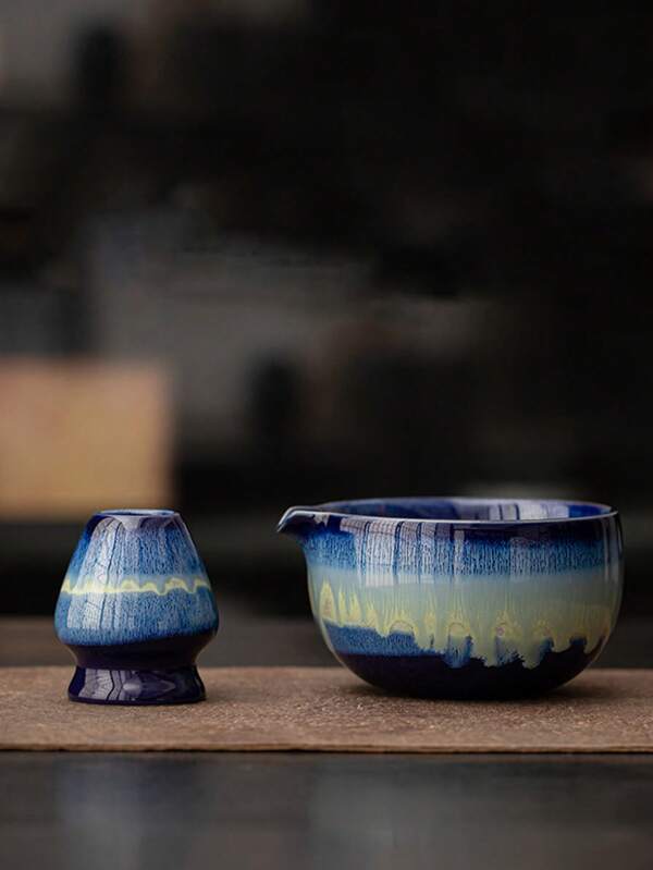 2pcs/Set Ceramic Matcha Bowl & Whisk Set, Tea Ceremony Crackle Glaze Matcha Tea Bowl With Spout, Home Tea Powder Mixing Tools