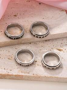 4pcs Women Stainless Steel Vintage Coin Rotatable Stress Relief Ring Set, Stars, Moons, Flowers, Versatile Matching, Suitable For Men & Women, Daily Wear, Holiday, Date Gift Jewelry