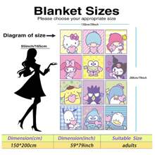 Sanrio Ein Set mit 12-teiligem Collage-Bettdecke mit Figuren aus der Sanrio-Familie, mit Cartoon-Anime-Mustern; es dient als Decke, Bettüberwurf, Baldachin, Sofabezug usw. Es kann sowohl als Inneneinrichtung als auch für Camping, Bettwäsche, Artikel im Hello Kitty-Stil, personalisierte Decken verwendet werden. Die weiche und flauschige Flanellschicht sorgt für ein angenehmes und gemütliches Gefühl. Lizenziertes Produkt