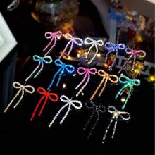 Bow Earrings For Women Rhinestone Long Tassel Earrings Ribbon Bow Drop Earring Silver Stainless Steel Dangle Earrings Cute Sparkly Jewelry - 彩色 - 查看 2