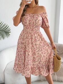 女式休闲节日荷叶边袖抽绳碎花短袖连衣裙，春夏 - 粉色 - 查看 5