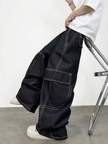 1 Stück amerikanischer Streetwear Stil Patchwork Herren Weite Bein Jeans, lässige weite lange Hose für Ausflüge (ohne Gürtel & Zubehör)