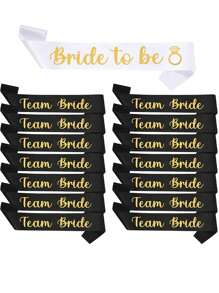 Set de 15 piezas de accesorios de despedida de soltera, que incluye 14 bandas para el equipo nupcial y 1 banda blanca de "Novia a ser", para decoración de fiesta de despedida de soltera, fiesta nupcial y eventos de boda. Contiene bandas de "Novia a ser" y "Equipo Novia" en color dorado impreso, ideales para eventos nupciales.