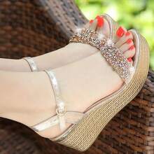 Mujer Sandalias cuña de color metálico tira tobillera vacación dorado,Verano nuevo zapatos lentejuelas sandalias versión coreana de la moda exterior sandalias zapatillas mujer,tacones altos gruesos, sandalias de moda de verano, cómodo y duradero, vacaciones, estilo casual y de negocios,Zapatos de mujer de tacón alto grueso y plataforma estilo europeo y americano a la moda ﻿ - Dorado - Ver 2