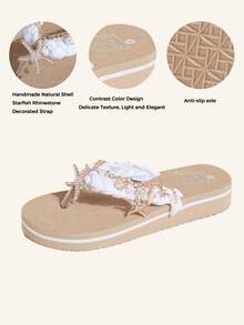 手工制作的天然贝壳和海星水钻装饰带，草编设计平底时尚休闲沙滩凉鞋，3CM厚底撞色人字拖，女士软底防滑超轻平底人字拖，适合海滩、度假和旅行 - Beige and White/Contrast - 查看 10