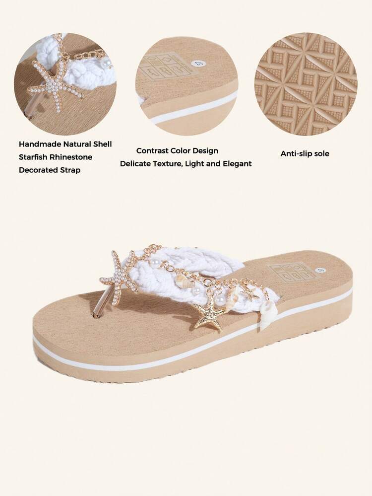 Handmade Natural Shell & Starfish Rhinestone Decorated Belt, Woven Design Casual Beach Sandals 3cm Thick Sole Contrast Color Flip Flops, Women's Soft Bottom Non-Slip Ultra-Light Flat Thong Sandals, Suitable For Beach, Vacation And Travel - Beige and White/Contrast - View 9