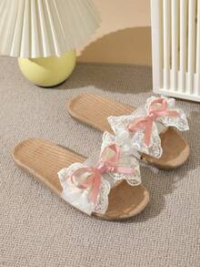 Linen Slippers For Women, Suitable For Spring, Autumn & Summer, Non-Slip, Breathable, Slip-On Sandals With Lace Bow Design, Lightweight For Indoor & Outdoor Wear - White - View 3