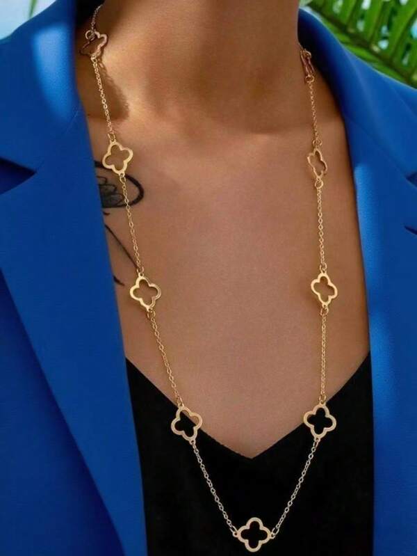 1 pièce Collier pendentif long minimaliste trèfle creux, ton métal or chic, à porter de manière polyvalente pour les femmes