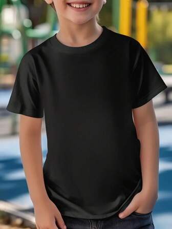 Tween Boy's All-Match Solid Color Short Sleeve Black T-Shirt, Casual & Versatile For Summer