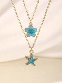 2pcs/Set Delicate & Fashionable Sweet 5-Petal Flower & Starfish Pendant Necklace, Suitable For Girls Wear To Beach, Party, Travel, Daily Occasions In Summer - Multicolor - View 4